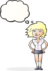 cartoon woman with hands on hips with thought bubble