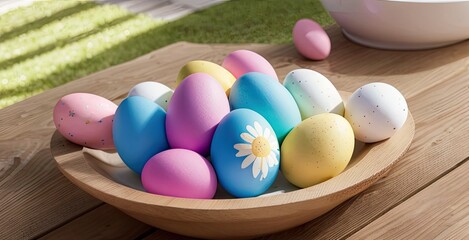 Fototapeta na wymiar Colorful Easter Eggs on Wooden Table for Easter Holiday, Easter Sales, Easter Banner 