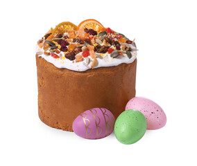 Traditional Easter cake with dried fruits and painted eggs isolated on white