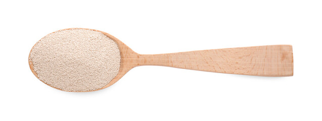 Spoon with active dry yeast isolated on white, top view