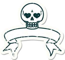 grunge sticker with banner of a skull