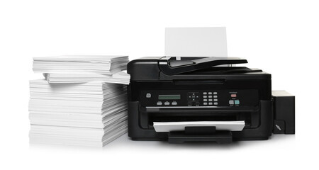 Modern printer and stack of paper on white background