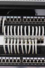 An Ethernet cable with an RJ45 connector connected to a socket in network equipment.