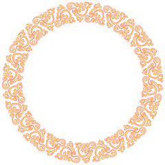 Oriental round frame with arabesques elements for branding, badge, print, sticker or labels. Floral meander border with vintage golden round pattern. Slavonic ornament. Vector background