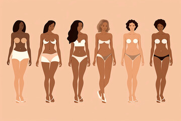 Body positive concept, a group of different women multinational girls in lingerie of different ethnic group and body shape, plus size, beige background. Generative AI.