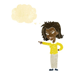 cartoon woman pointing with thought bubble