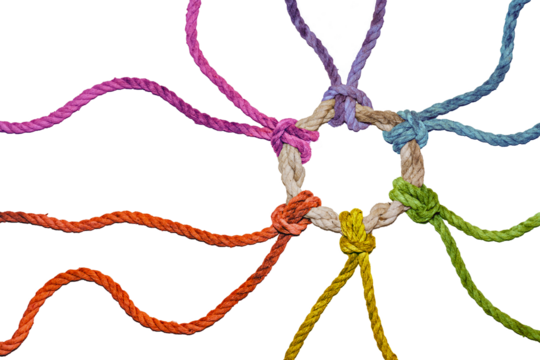 Rustic ropes in rainbow colors from different directions join together in a knotted ring, symbol of diversity, solidarity and cohesion, isolated on a transparent background