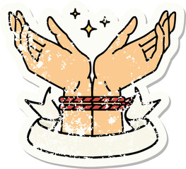 grunge sticker with banner of a pair of tied hands