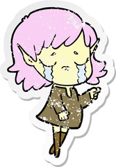 distressed sticker of a cartoon crying elf girl