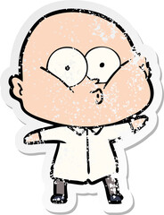 distressed sticker of a cartoon bald man staring