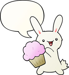cute cartoon rabbit and muffin and speech bubble in smooth gradient style