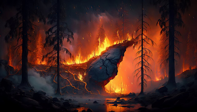 Forest on fire by magma from volcano eruption. Smoke rises in night sky. Generative AI