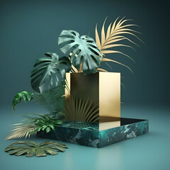 Tropical Oasis Podium: Floating Display with Palm Leaves for Elegant Product Presentation