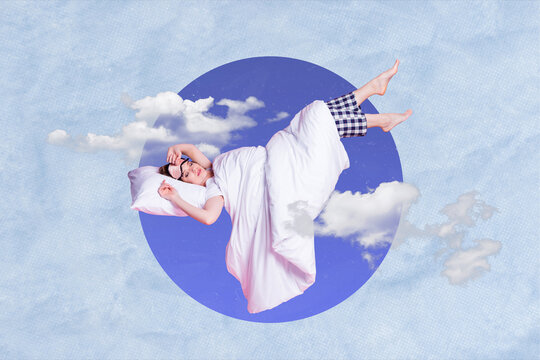 Creative retro 3d magazine collage image of happy smiling lady relaxing sleeping isolated painting background