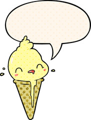 cute cartoon ice cream and speech bubble in comic book style