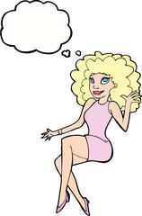 cartoon sitting woman waving with thought bubble