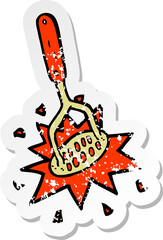retro distressed sticker of a cartoon potato masher