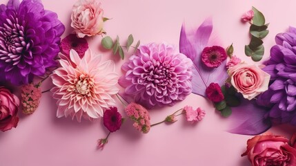 Dahlia flowers over pastel background. Flat lay. Top view. Romance concept. Generative ai.