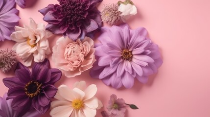 Pink and purple flowers over pastel background. Flat lay. Top view. Romance concept. Generative ai.