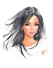 Watercolor beauty african woman. Painting fashion illustration. Hand drawn portrait of pretty girl on white background