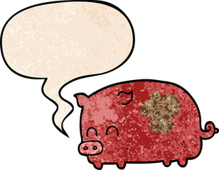 cute cartoon pig and speech bubble in retro texture style