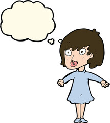 cartoon woman wearing dress with thought bubble
