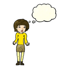 cartoon woman shrugging shoulders with thought bubble