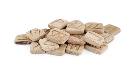Pile of wooden runes isolated on white