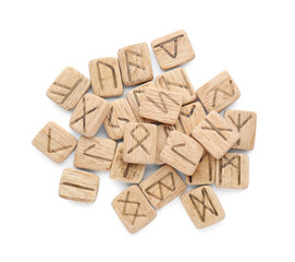 Pile of wooden runes isolated on white, top view