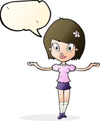 cartoon woman making balancing gesture with speech bubble