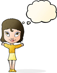 cartoon woman with open arms with thought bubble