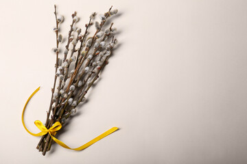Beautiful blooming willow branches tied with yellow ribbon on beige background, top view. Space for text