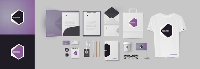 Full pack of corporate branding with geometrical minimal logo and stationery set of folder, personal card, envelope, notepad. Modern dark color style with violet and black
