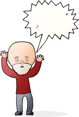 cartoon bearded man panicking with speech bubble