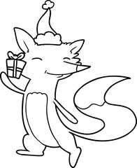 line drawing of a happy fox wearing santa hat