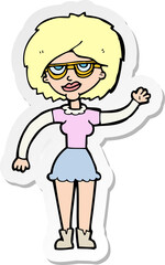 sticker of a cartoon waving woman wearing spectacles