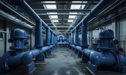 Electricity generation, Power plant blue turbine in the steam turbine hall. Generative AI.