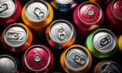 Cans of sweet drinks and beer, Cooling frozen and with water drops. Generative AI.	