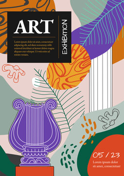 Creative flyer or poster concepts with abstract geometric shapes and human silhouettes on bright background. Roman and Greek vector illustration. Art posters for the exhibition,  magazine or cover