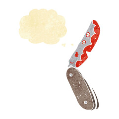 cartoon bloody folding knife with thought bubble