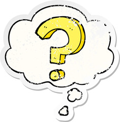cartoon question mark and thought bubble as a distressed worn sticker