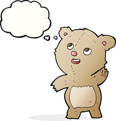cartoon cute waving teddy bear with thought bubble