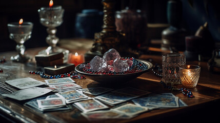Candles, Crystals, and Tarot Cards Spread Across a Table in Preparation for a Tarot Reading, Spiritual Psychic Witchy Aesthetic, Moody Photography Style - Generative AI