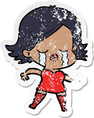 distressed sticker of a cartoon girl crying and pointing