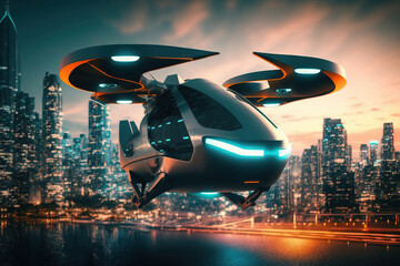 Future of urban air mobility, city air taxi. Concept car. Generative AI