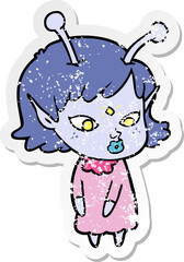 distressed sticker of a pretty cartoon alien girl