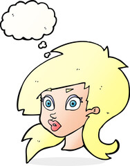cartoon pretty surprised woman with thought bubble