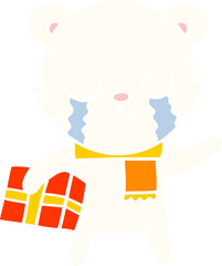 crying polar bear flat color style cartoon with christmas gift