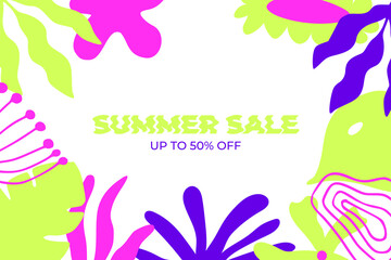 Summer Sale banner with abstract tropical leaves and minimal flowers. Design templates for sale, advertising, promo events. Minimalist and modern style