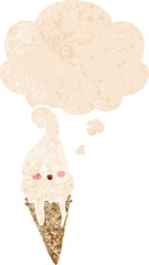 cartoon ice cream and thought bubble in retro textured style